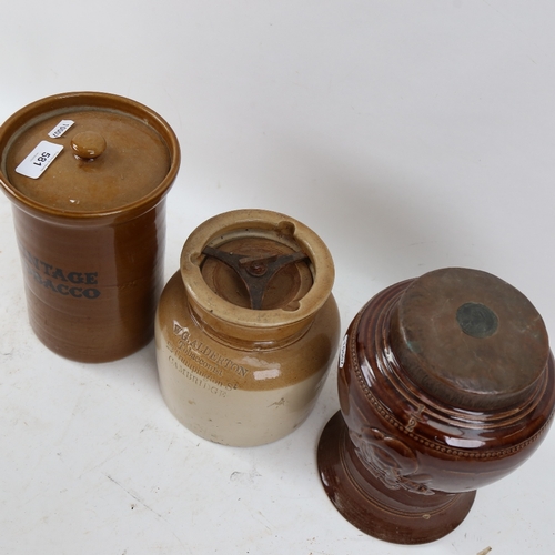 581 - 3 Vintage stoneware tobacco jars, including Ogden's, W G Alderton of Cambridge etc, largest height 2... 