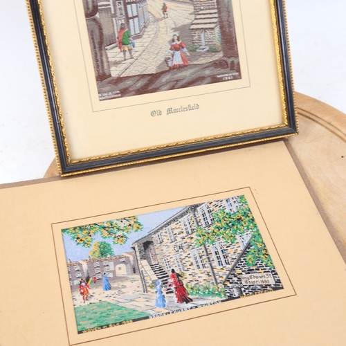 603 - 2 Vintage woven silk pictures, views of Macclesfield, and a pine bread board (3)