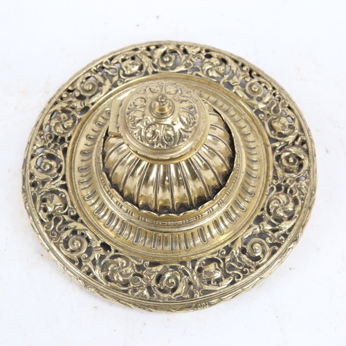 667 - An Antique gilt-brass desk stand inkwell, diameter 20cm