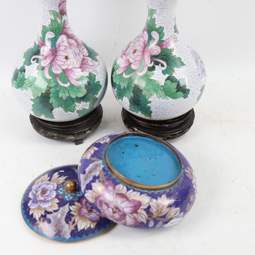 683 - 3 pieces of Japanese cloisonne enamel, including a pair of vases and stands, overall height 24cm (3)