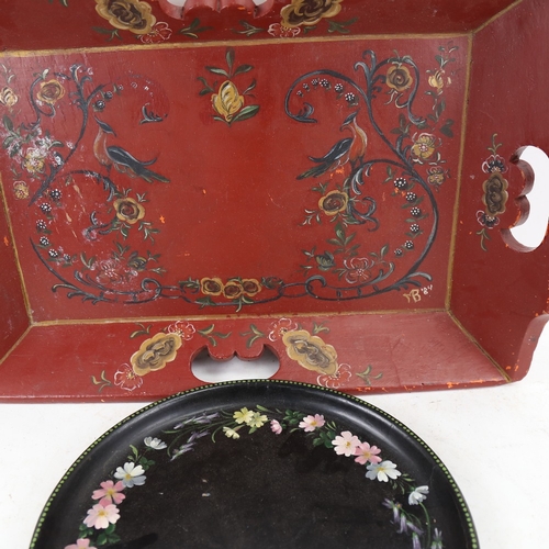 692 - An Oriental painted wood tea tray with bird and floral design, length 57cm, a circular lacquered tra... 