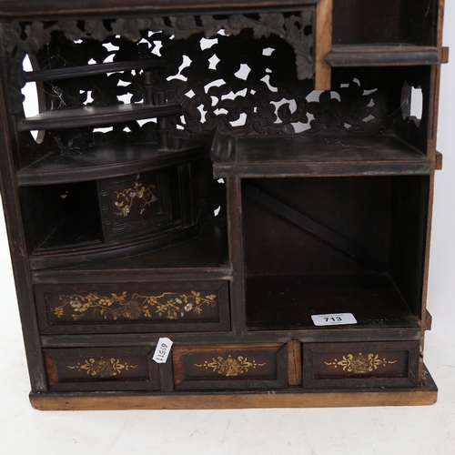 713 - A Japanese Hong Mu and hardstone inlaid table-top cabinet, W37cm, H44cm, D15cm (A/F)