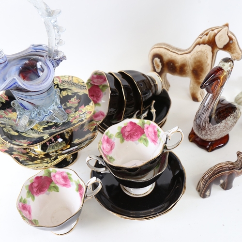 733 - Various glass and ceramics, including figural penguin vase, Royal Albert black ground tea set etc