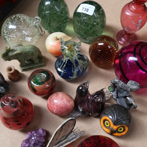 738 - Various collectables, including glass paperweights, hardstone animal carvings etc