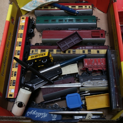 743 - A quantity of Tri-ang locomotive carriages, various pens etc (boxful)