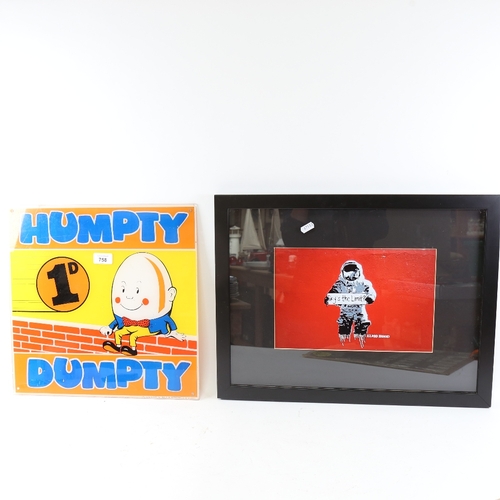 758 - A Vintage Humpty Dumpty advertising sign, a Vintage metal sign, and an Elmo Hood print (3)