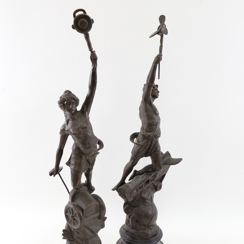 807 - A large pair of spelter sculptures, automobile and aeroplane, unsigned, overall height 52cm