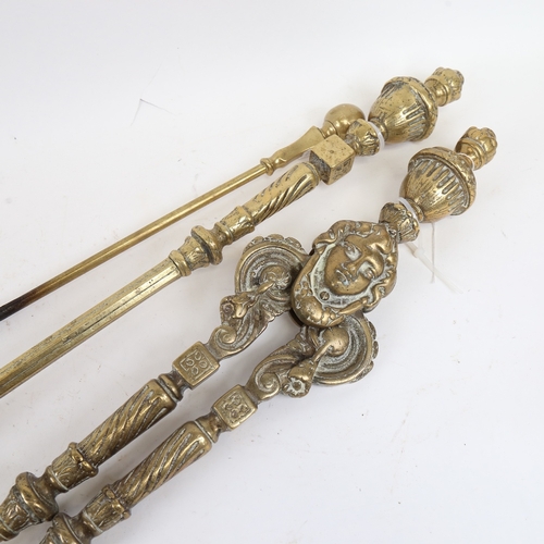 834 - A group of Antique brass fireside equipment, including shovel and poker (3)