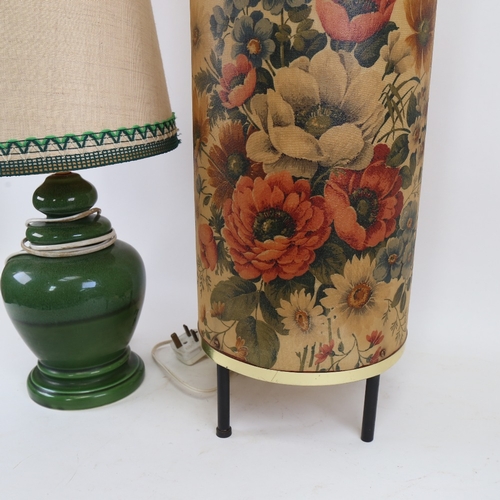 837 - A mid-century floral cylindrical lamp, and a green glaze ceramic table lamp and shade, height 85cm (... 