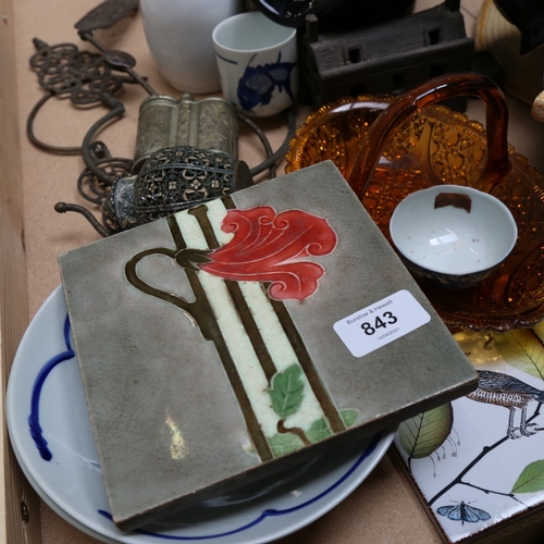 843 - Various ceramics, including Art Nouveau tile, Chinese blue and white fish bowls, Art glass bowl etc