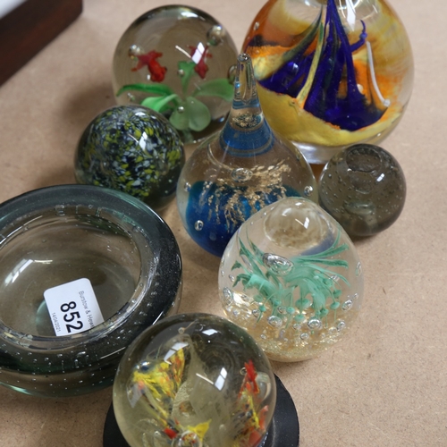 852 - A group of glass paperweights and dishes, largest height 10cm (8)