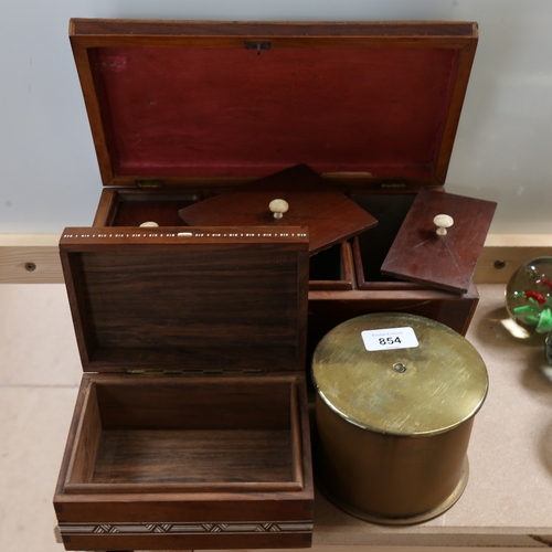 854 - A Victorian rosewood tea caddy, trench art cannon shell box, and a Middle Eastern bone inlaid box (3... 