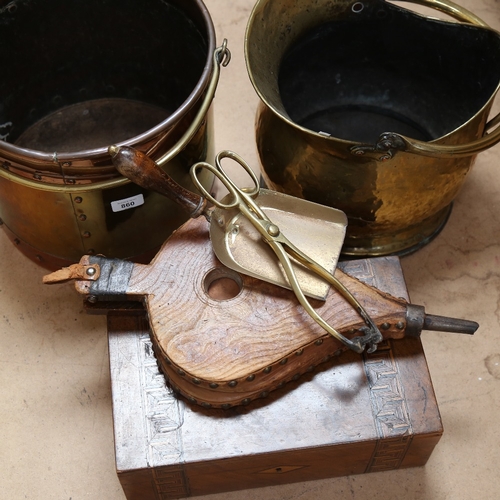 860 - A 19th century copper and brass coal bucket, another brass bucket, bed warming pan, a travelling fol... 