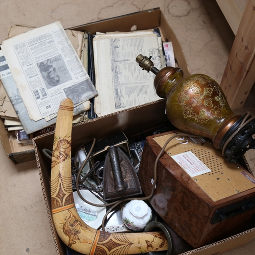 861 - Various collectables, including Vintage radio, boomerang, lamp, mirror etc (2 boxes)