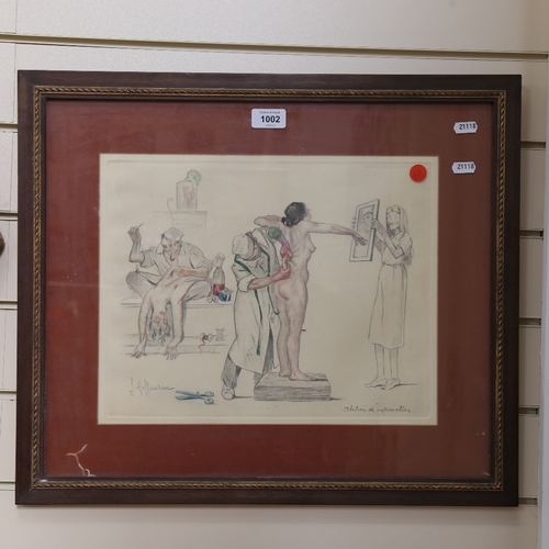 1002 - J Hoffmann, coloured etching, Atelier de Reparation, plate size 28cm x 36cm, framed