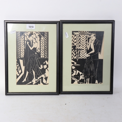 1010 - A set of 4 Art Deco woodblock prints, fashion studies, unsigned, image 24cm x 14cm (4)