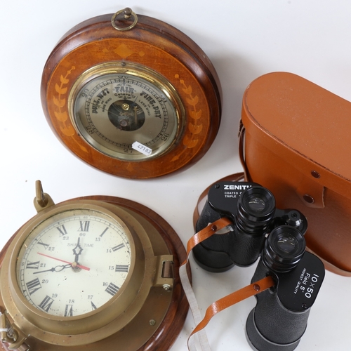 730 - A pair of Zenith 10x50 field binoculars, a marquetry inlaid wall barometer, and a ship's bulkhead st... 