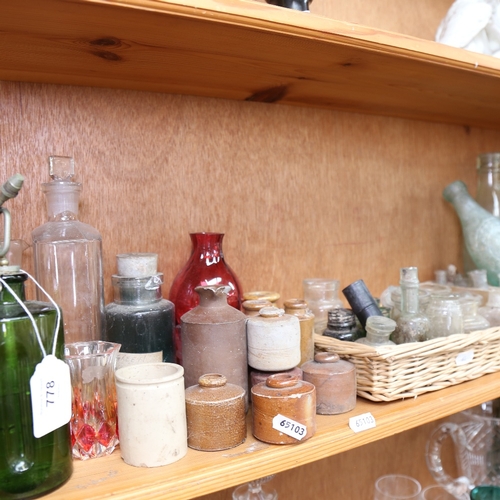 778 - A large quantity of various glass and pottery, including science lab measuring cylinders, green glas... 