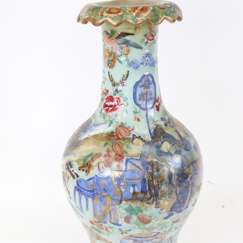 873 - A large Chinese celadon ground vase, figural and bird decoration, height 43cm, cracked and restored