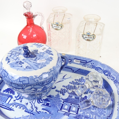 876 - 2 square cut-glass decanters, unmarked, a ruby glass decanter, and 2 pieces of Willow pattern blue a... 