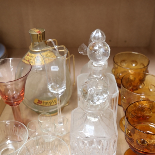 877 - Various glass, including dimple Scotch Whisky bottler and a stand, 2 square decanters and stoppers, ... 