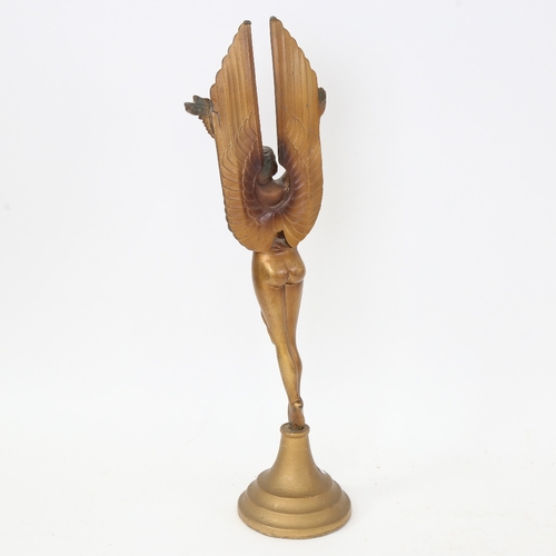 880 - A gold painted spelter Art Deco style sculpture, nude winged lady, unsigned, height 35cm