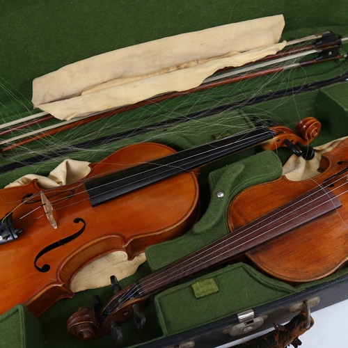 891 - A 20th century violin, and a viola, with 3 bows, in double instrument hardshell case