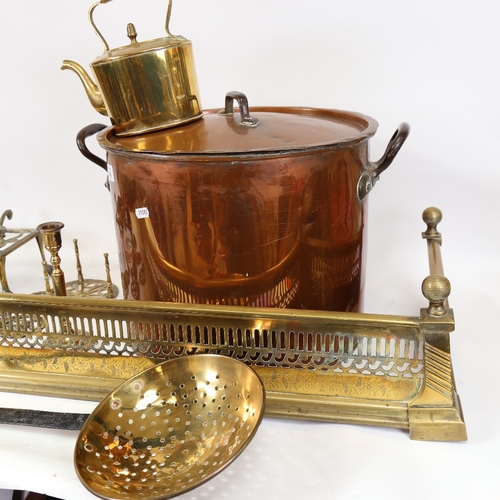 899 - Various fireside equipment, including copper coal bucket, brass chestnut roasting pan etc