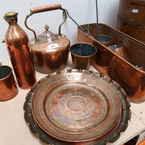 909 - Various Antique polished copper, including graduated set of grain measures, graduated set of cider m... 