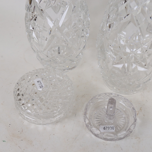 955 - A pair of cut-glass crystal vases, similar ring stand, and dressing table box, vase height 30cm (4)