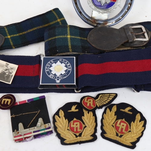 969 - Scot's Guards horseshoe car badge, Regimental belts, medals and various insignias (boxful)