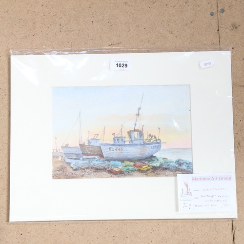 1029 - John Woolliams, watercolour, Hastings beach, 17cm x 25cm, mounted