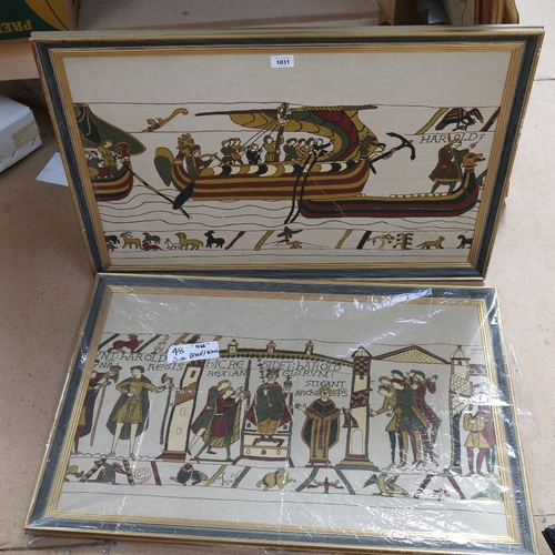 1031 - A pair of coloured prints on canvas, The Bayeux Tapestry, 55cm x 82cm, and 2 other needlework embroi... 