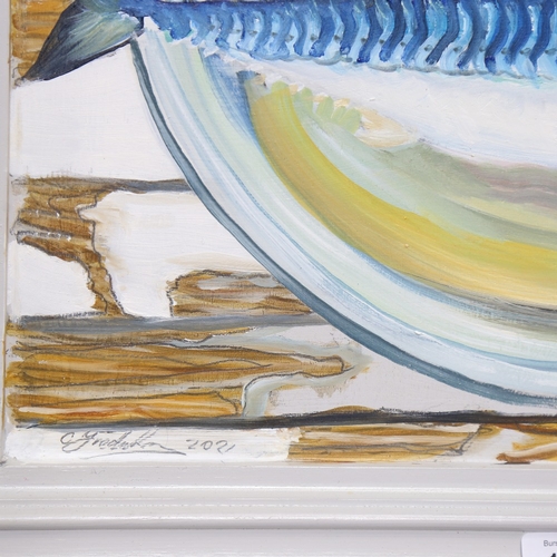 1045 - Clive Fredriksson, oil on board, mackerel on a plate, framed, overall 52cm x 62cm