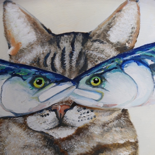 1046 - Clive Fredriksson, oil on board, mackerel and cat, oval frame, overall 52cm x 68cm