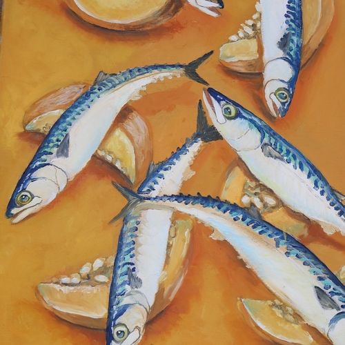 1051 - Clive Fredriksson, oil on board, mackerel and melons, pine frame, overall 76cm x 64cm