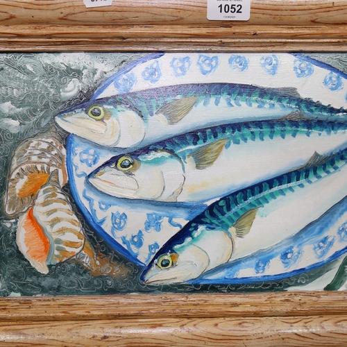 1052 - Clive Fredriksson, oil on board, mackerel on a platter, pine frame, overall 37cm x 56cm