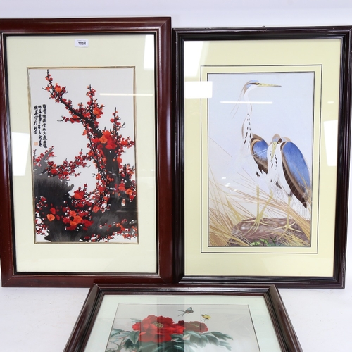 1054 - A set of 3 Chinese silk embroideries with text inscriptions, framed, largest frame size overall 76cm... 