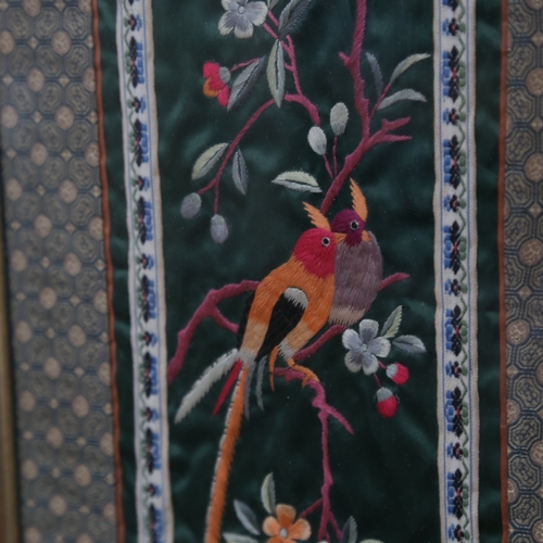 1056 - 2 Chinese silk embroidered panels, framed, largest frame 64cm x 32cm