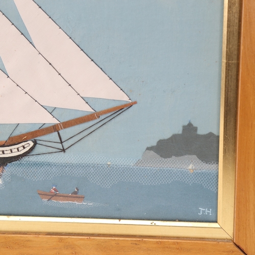 1072 - Joy Harland, fabric collage, the Barque Lewes, built at Newhaven 1855, framed, overall 50cm 72cm