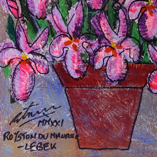 1077 - Royston Du Maurier-Lebeck, oil on canvas, Fleur du Monde, unframed, overall 98cm x 46cm