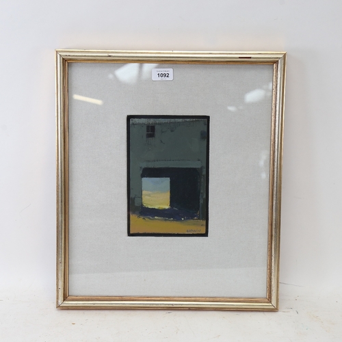 1092 - Mark Godwin, oil on wood panel, view through a barn, framed, with artist's information verso, overal... 