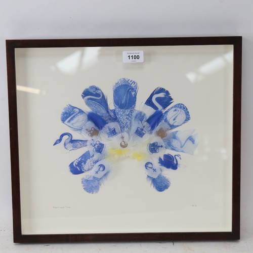 1100 - Rebecca Jewell, hand printed feathers, Royal Swan Tiara, framed, with Exhibition label verso, frame ... 