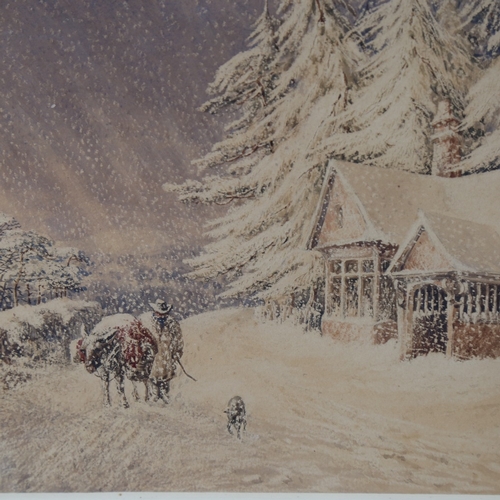 1101 - 19th century watercolour, figure in a snowstorm, unsigned, image 24ccm x 34cm