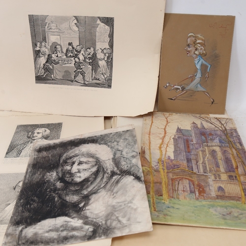 1113 - 2 Folders of prints and drawings, including Hogarth engravings