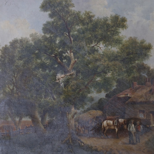 1117 - E Carswell, oil on canvas, farmyard scene, signed, original frame, canvas A/F, canvas size 56cm x 76... 