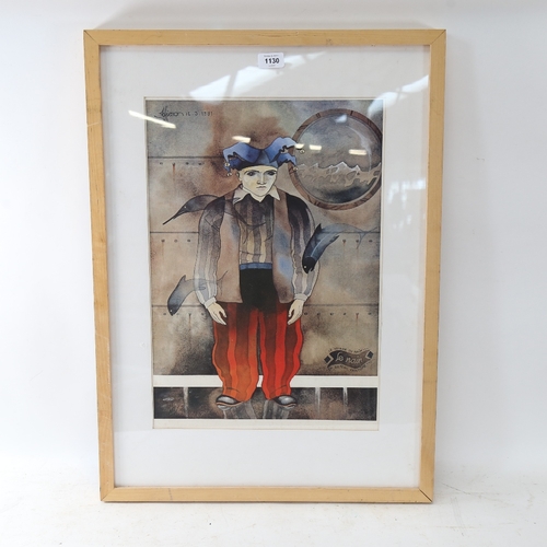 1130 - A French colour print, clown study, indistinctly signed, image 50cm x 35cm