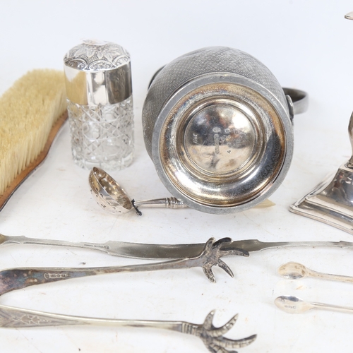 1204 - Various silver, plate and pewter, including dressing table jar, clothes brush, candlestick etc