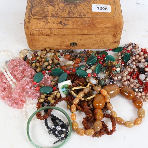 1205 - Various bead necklaces, costume jewellery, bracelets etc, including amber and carnelian (boxful)