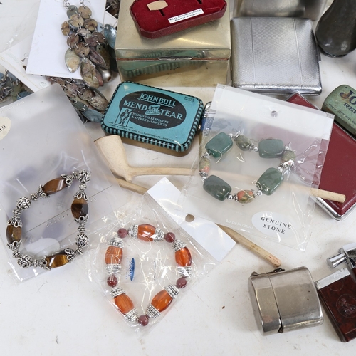 1214 - Various modern costume jewellery, silver plated cigarette box, pipes etc (2 boxes)